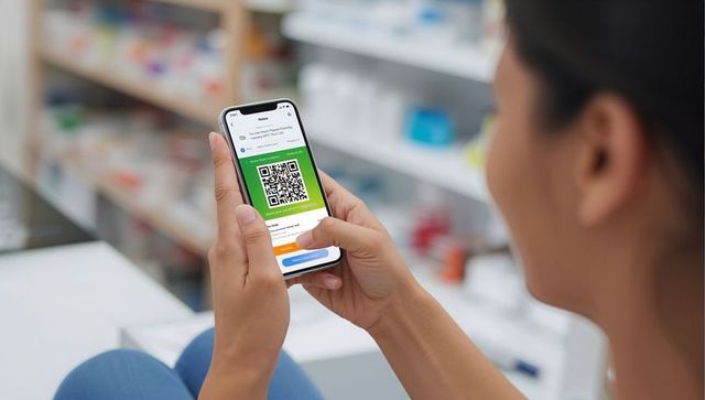 Woman holding phone showing qr code at pharmacy counter for contactless prescription pickup