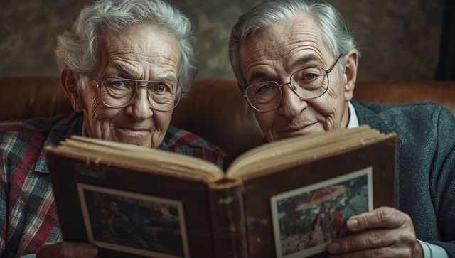 Senior couple enjoys nostalgic memory album in vintage setting