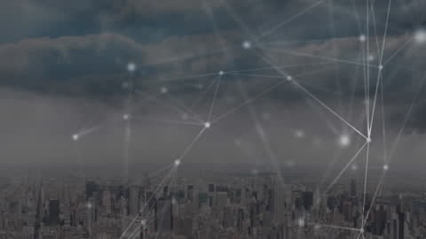 Global Digital Network Over Urban Cityscape at Dusk