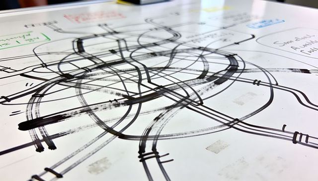 Drawing tangled black marker network on whiteboard with colored notes and tape residue
