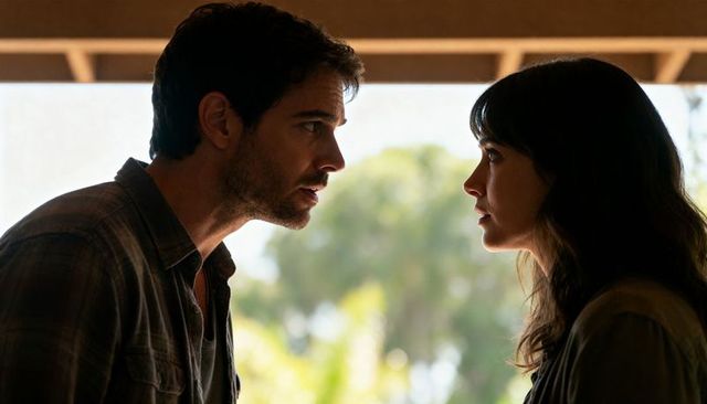 Couple confronting each other in backlit doorway, intense romantic tension