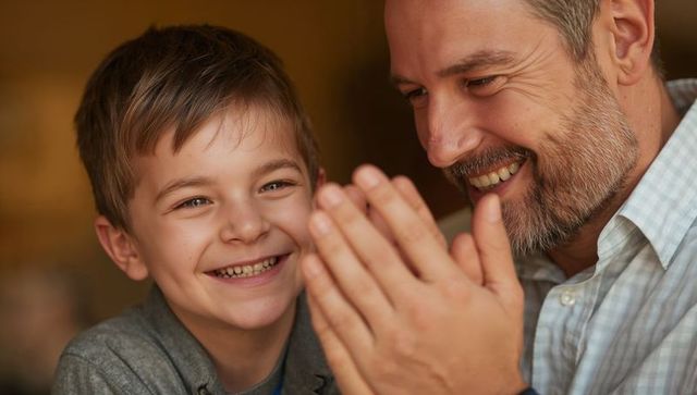 Smiling father and son sharing warm moment at home, closeup portrait showing bond and laughter