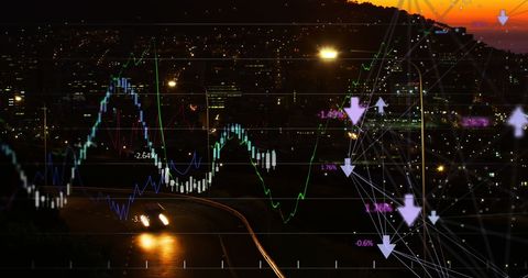 Financial Data Overlaid on Urban Cityscape and Traffic