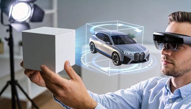 Engineer wearing ar headset rotating 3d suv hologram using white cube for spatial tracking