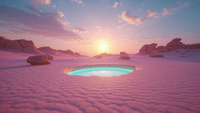 Serene Desert Sunset with Illuminated Turquoise Pool and Sandstone Formations