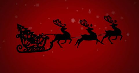 Christmas Santa Sleigh with Reindeer Silhouettes on Red Background