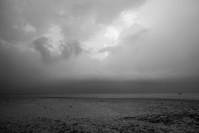 Capturing a dramatic and moody scene, this monochrome image depicts a desolate beach under an overcast sky. Perfect for use in projects related to nature, solitude, and tranquillity, it can also evoke a sense of drama or introspection. The image complements themes of minimalism and atmospheric landscape designs.