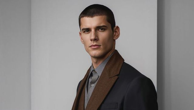 Stylish male model in elegant suit and scarf