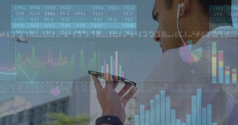 Urban professional analyzing financial data on rooftop