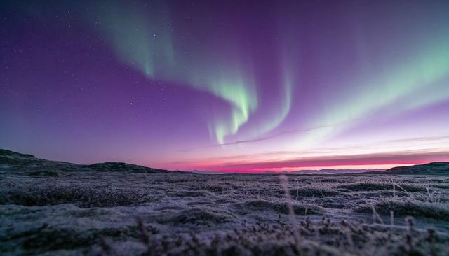 Dancing northern lights over frosted arctic tundra at twilight
