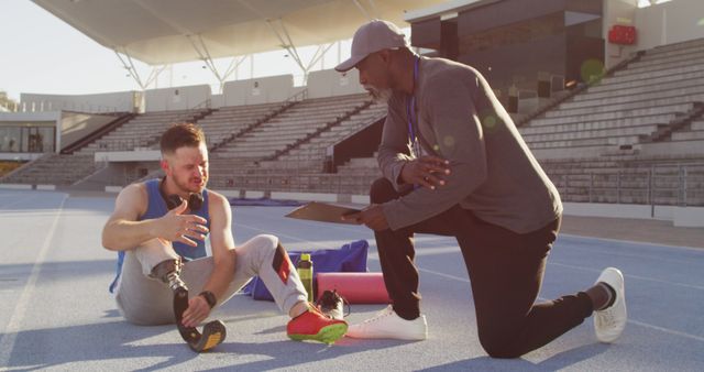 Diverse male coach and disabled athlete with prosthetic leg talking during training session. professional runner training at sports stadium.