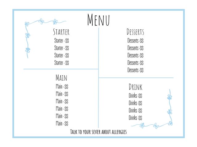 This stylish and minimalist menu template is perfect for various dining occasions, including restaurants, cafes, weddings, parties, and other events. Its simple design with elegant floral accents allows for easy customization, catering to both formal and casual settings. Suitable for digital or print use, it can be edited to feature specific starters, mains, desserts, and drinks, offering clear and organized layout for diners.