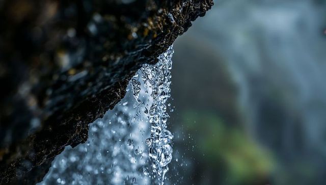 Narrow waterfall cascading over jagged rock edge with crystal droplets, moss and mist