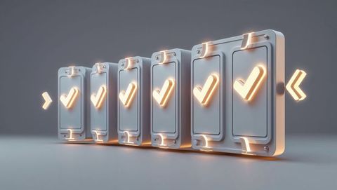 Futuristic metallic panels with glowing check marks and arrows