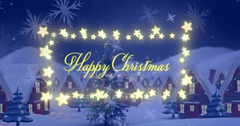 Festive Merry Christmas Greeting with Snowflakes and Winter Village