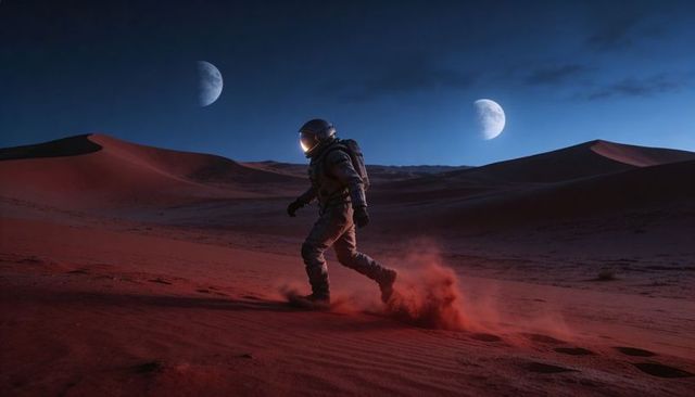 Lone astronaut striding across red dunes at twilight under twin moons with glowing visor