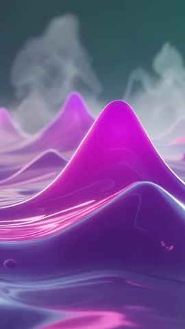 Vertical abstract video showing neon lavender fluid peaks rising and shimmering in mist