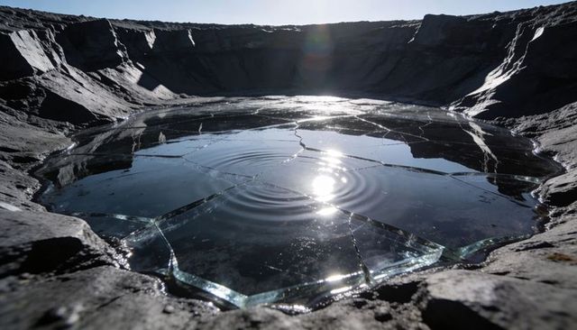 Shattered ice mirror pool in rocky crater reflecting low-angle sunlight and ripples