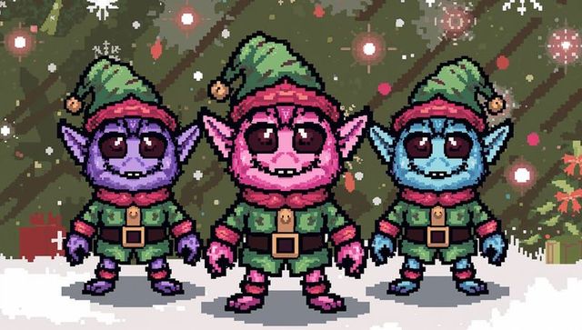 Three pixel elves standing in snow wearing green hats and tunics holiday retro game art