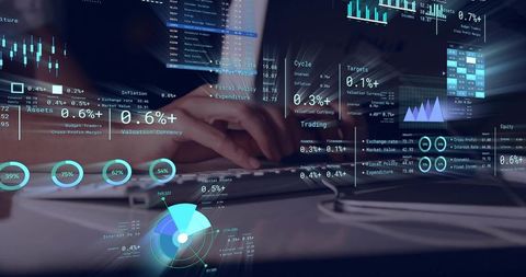 Woman typing on laptop with floating financial data overlays and dashboard analytics