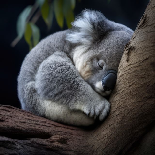 Capturing a tranquil moment, this image shows a koala sound asleep on a tree branch under the night sky. Perfect for illustrating the serene and peaceful side of wildlife, or for content related to Australian animals, nature conservation, nocturnal animals, and relaxation themes.