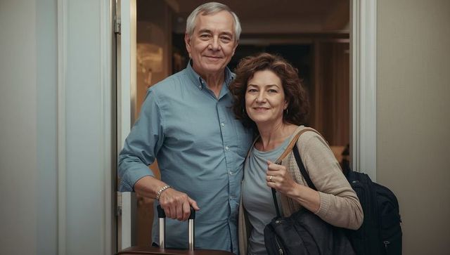 Smiling senior couple arriving at hotel holding luggage and backpacks, ready for travel