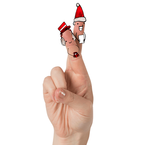 Transparent christmas artwork on raised fingers hand