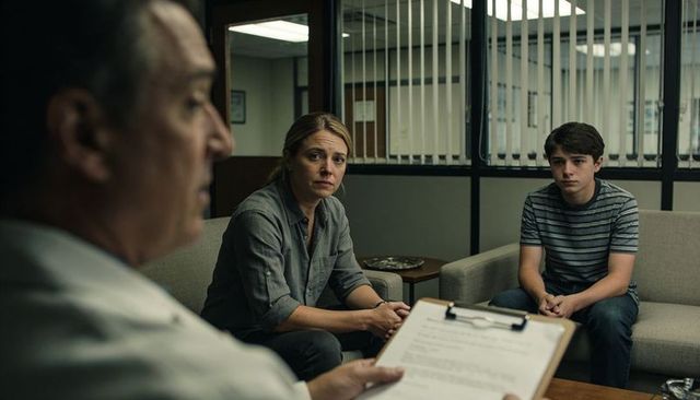 Mother and teen participating in family counseling session with counselor holding clipboard