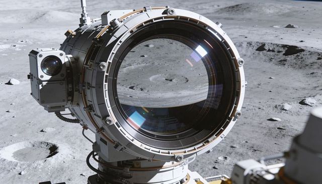 Rotating lunar scanning telescope lens on gimbal over moon surface with camera turret