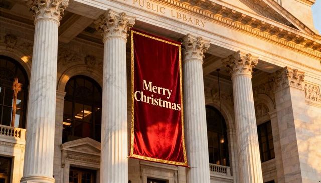 Hanging red velvet merry christmas banner on neoclassical library columns at golden hour