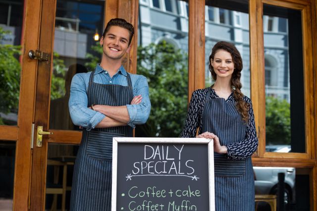 Smiling waiter and waitress standing outside a cafe with a menu board displaying daily specials. Ideal for use in marketing materials for cafes, restaurants, and small businesses. Perfect for promoting hospitality services, teamwork, and friendly customer service.