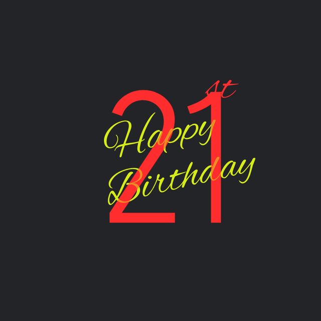 This vibrant design celebrates a milestone 21st birthday with bold red and yellow text against a black background. Perfect for birthday cards, digital invitations, social media posts, and decorations for a 21st birthday party. The striking color contrast makes it suitable for printed materials as well.