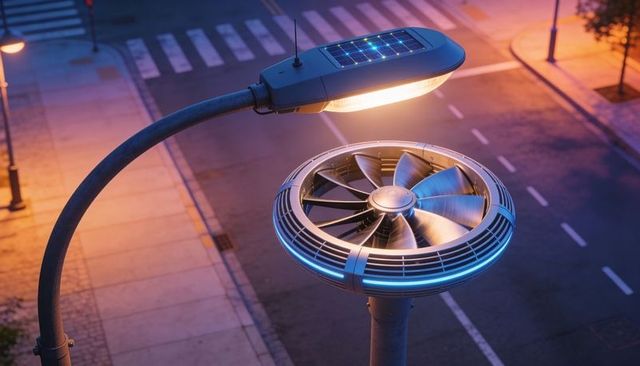 Solar streetlight with integrated rotating fan illuminating twilight crosswalk smart city