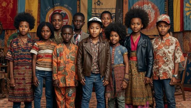 Multicultural children posing in vintage textiles and leather jacket, diverse youth group portrait