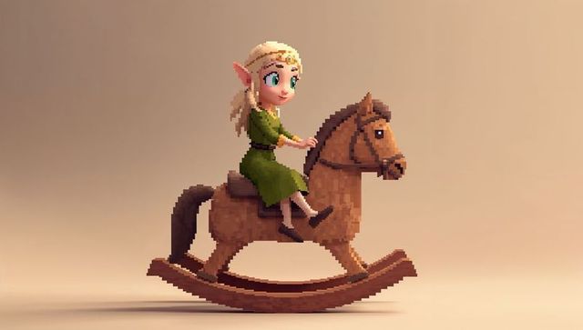 Pixel art elf riding wooden rocking horse toy figurine wearing green dress and circlet