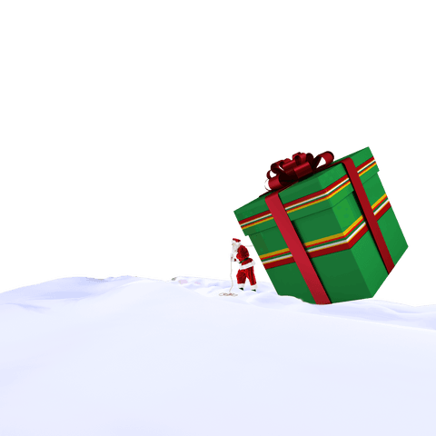Santa Carrying Giant Gift in Snow on Transparent Background
