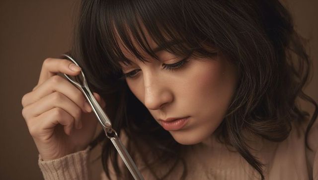 Woman hairdresser examining hair with professional shears closeup warm beige portrait