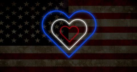 Patriotic Neon Hearts on American Flag for Love and Valentine Celebration