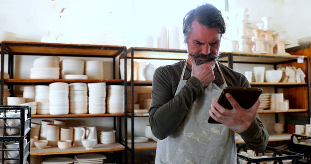 A middle-aged pottery artist is contemplating a design while holding a tablet in his studio. Surrounded by an array of ceramic pieces, the artist appears deep in thought, with shelves stocked with white ceramic dishes and bowls behind him. This image is perfect for illustrating themes of creativity, craftsmanship, design, and artistic process. It can be used on websites or articles related to pottery, art studios, and creative professions.