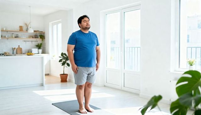 Man practicing mindful meditation on yoga mat in sunlit minimalist living room