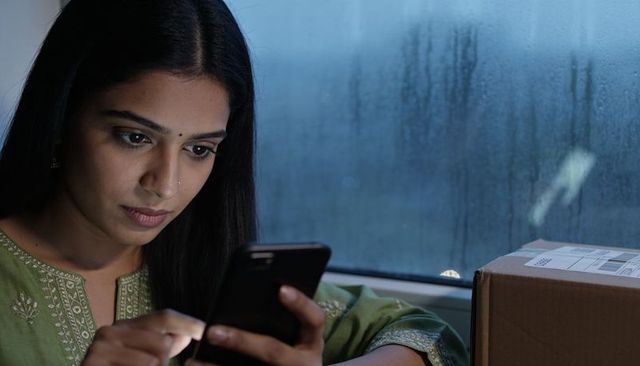 Woman in green kurta using smartphone on rainy train window with parcel beside her