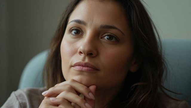 Hispanic woman contemplating while leaning on cushion, closeup portrait, soft light