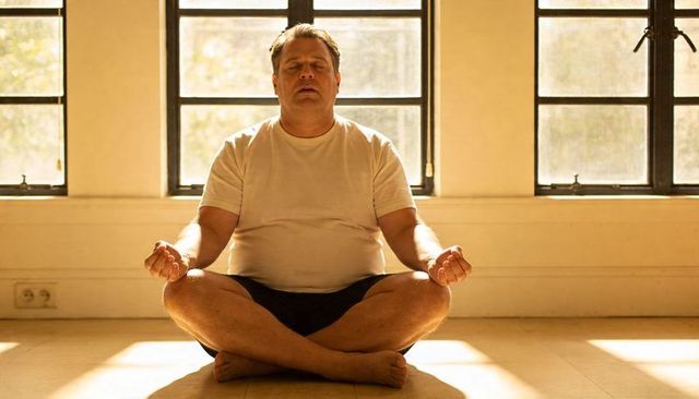 Middle-aged man meditating cross-legged in sunlit room practicing mindfulness