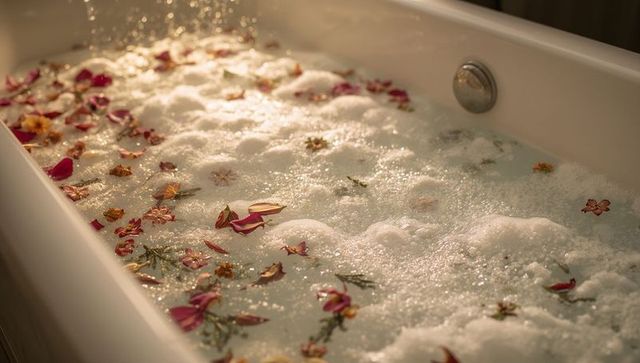 Rose Petal Bubble Bath in Luxury Porcelain Tub with Soft Foam and Golden Ambient Light