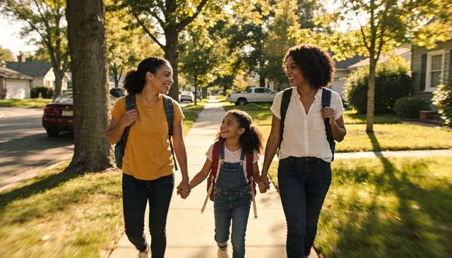 Smiling caregivers walking child hand-in-hand on sunny suburban sidewalk for back-to-school