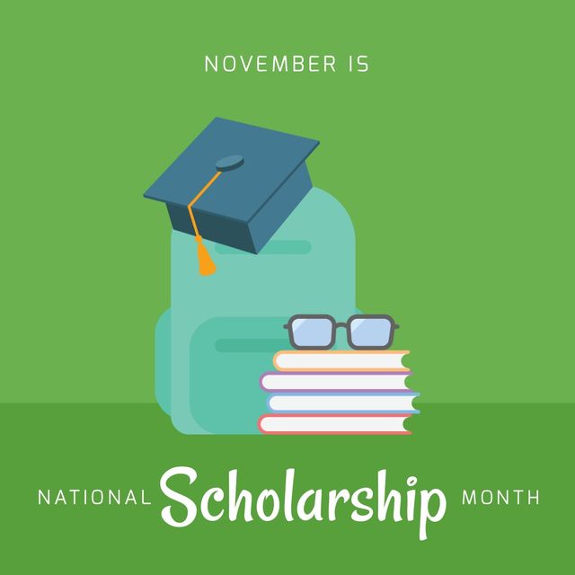 Illustration of books, eyeglasses, backpack, mortarboard and number 15, national scholarship month. Text, green background, copy space, vector, education, opportunity and awareness concept.