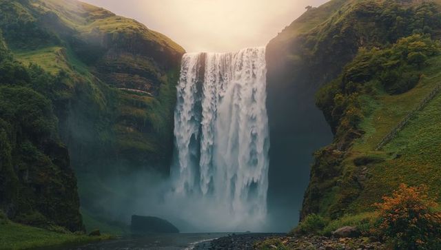 Dramatic Waterfall with Moss-Laden Cliffs in Misty Gorge