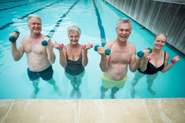 Senior adults are engaging in a water aerobics class, lifting dumbbells in a swimming pool. This image can be used for promoting fitness programs for seniors, health and wellness campaigns, or advertisements for aquatic exercise classes. It highlights the importance of staying active and maintaining a healthy lifestyle at any age.