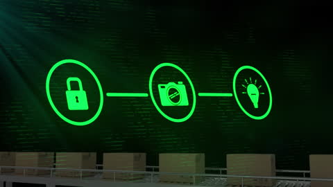 Digital Media Icons Hovering Over Conveyor Belt Manufacturing Concept