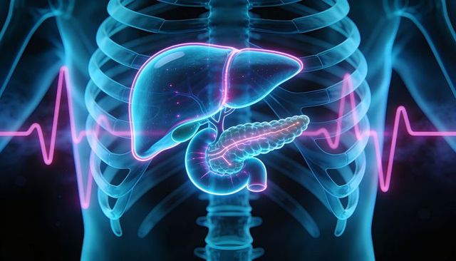Neon Hepatic and Pancreatic Anatomy 3D Rendering Highlighting Ribs, Spine and ECG Waveform